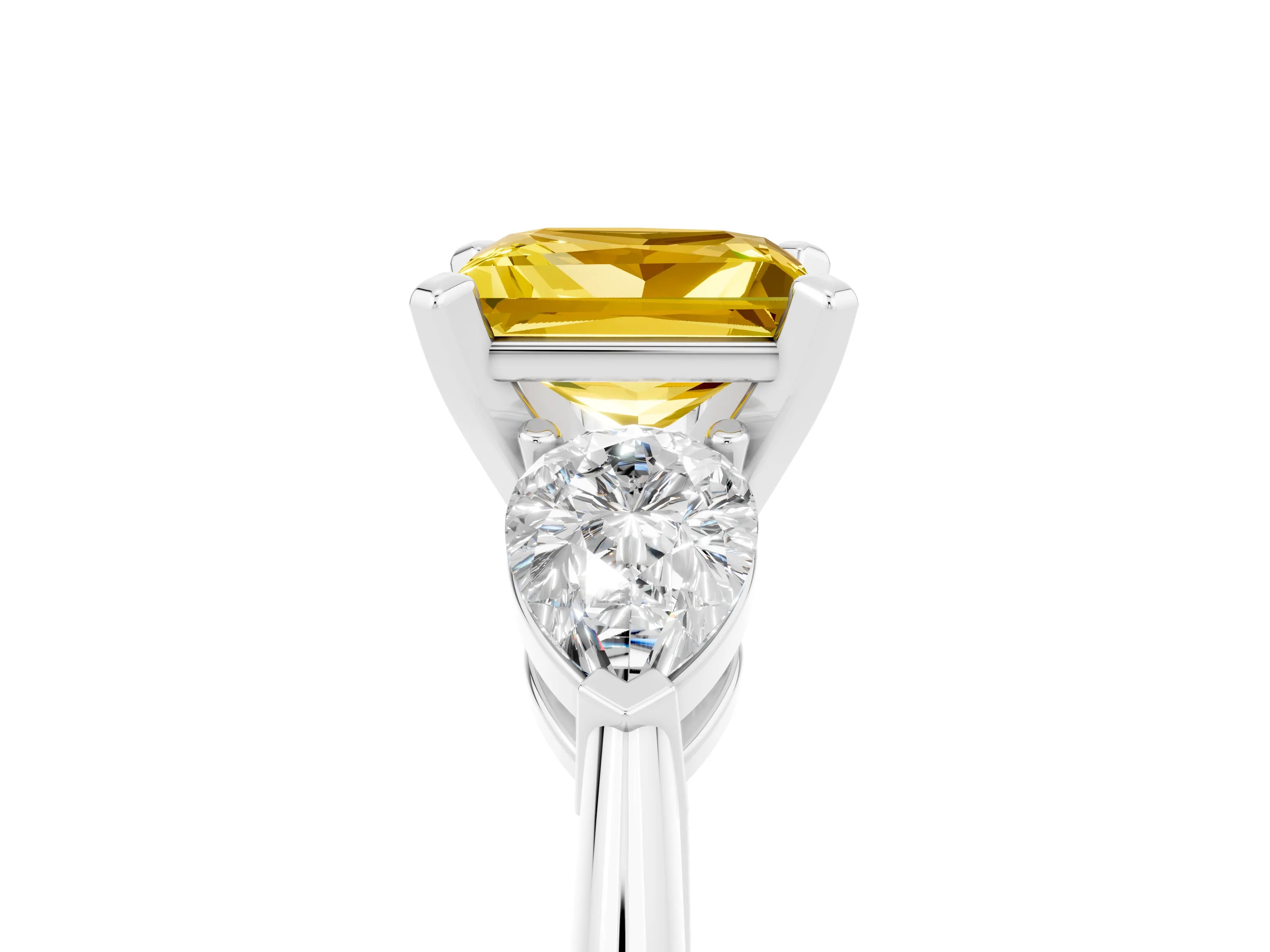 White gold Three-Stone Princess Cut Yellow Sapphire Ring with Pear Side Stones and Four-Prong Setting_29