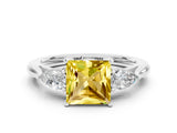 White gold Three-Stone Princess Cut Yellow Sapphire Ring with Pear  Side Stones in Four-Prong Setting_12