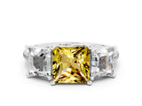 White gold Three-Stone Princess Cut Yellow Sapphire Ring with Round  Pavé Band and Prong Setting_12