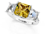 White gold Three-Stone Princess Cut Yellow Sapphire Ring with Round  Pavé Band and Prong Setting_13