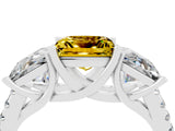 White gold Three-Stone Princess Cut Yellow Sapphire Ring with Round  Pavé Band and Prong Setting_16