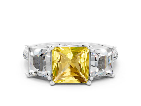 White gold Three-Stone Princess Cut Yellow Sapphire Ring with Round  Pavé Band and Prong Setting_69