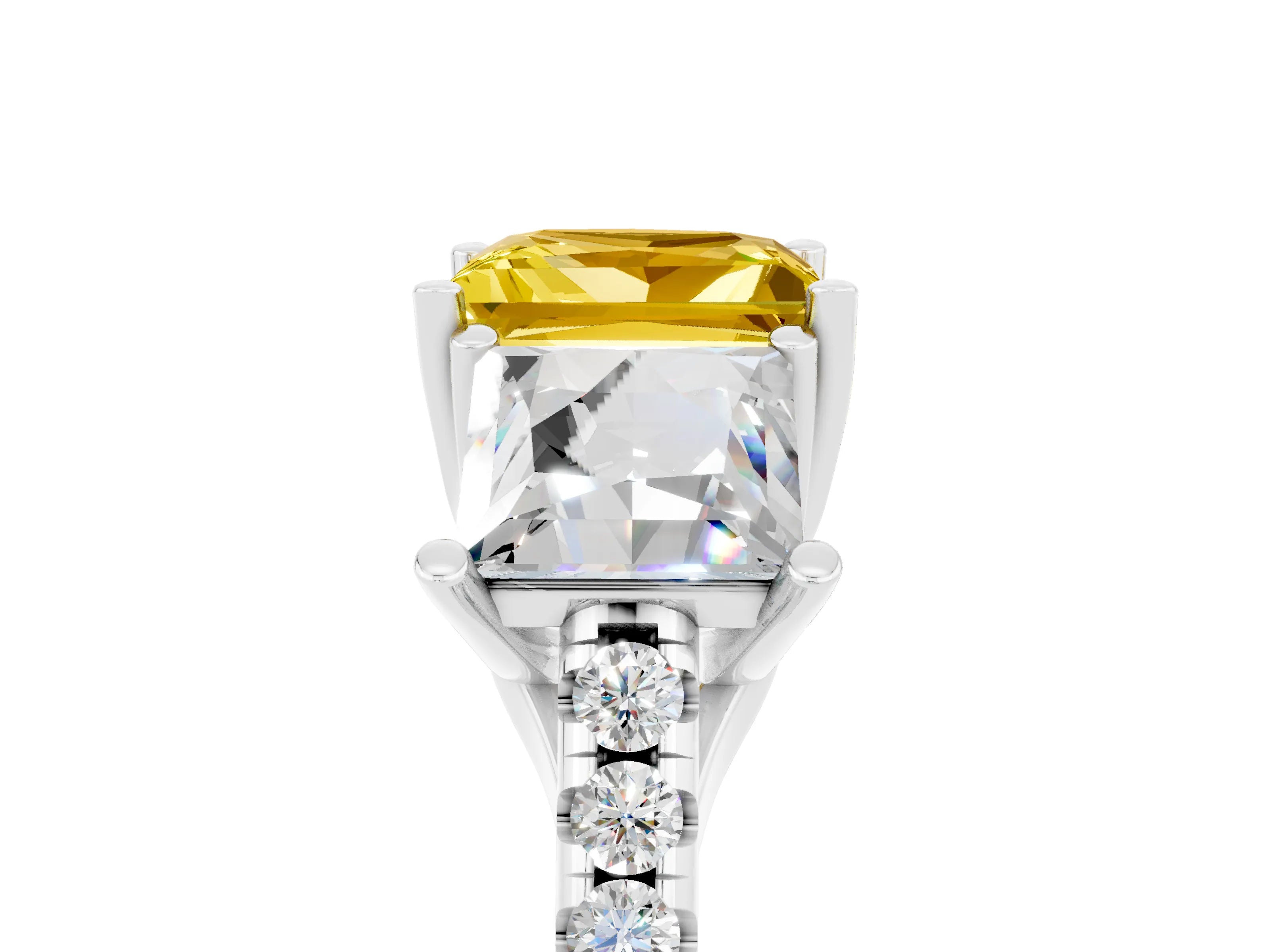 White gold Three-Stone Princess Cut Yellow Sapphire Ring with Round  Pavé Band and Prong Setting_71