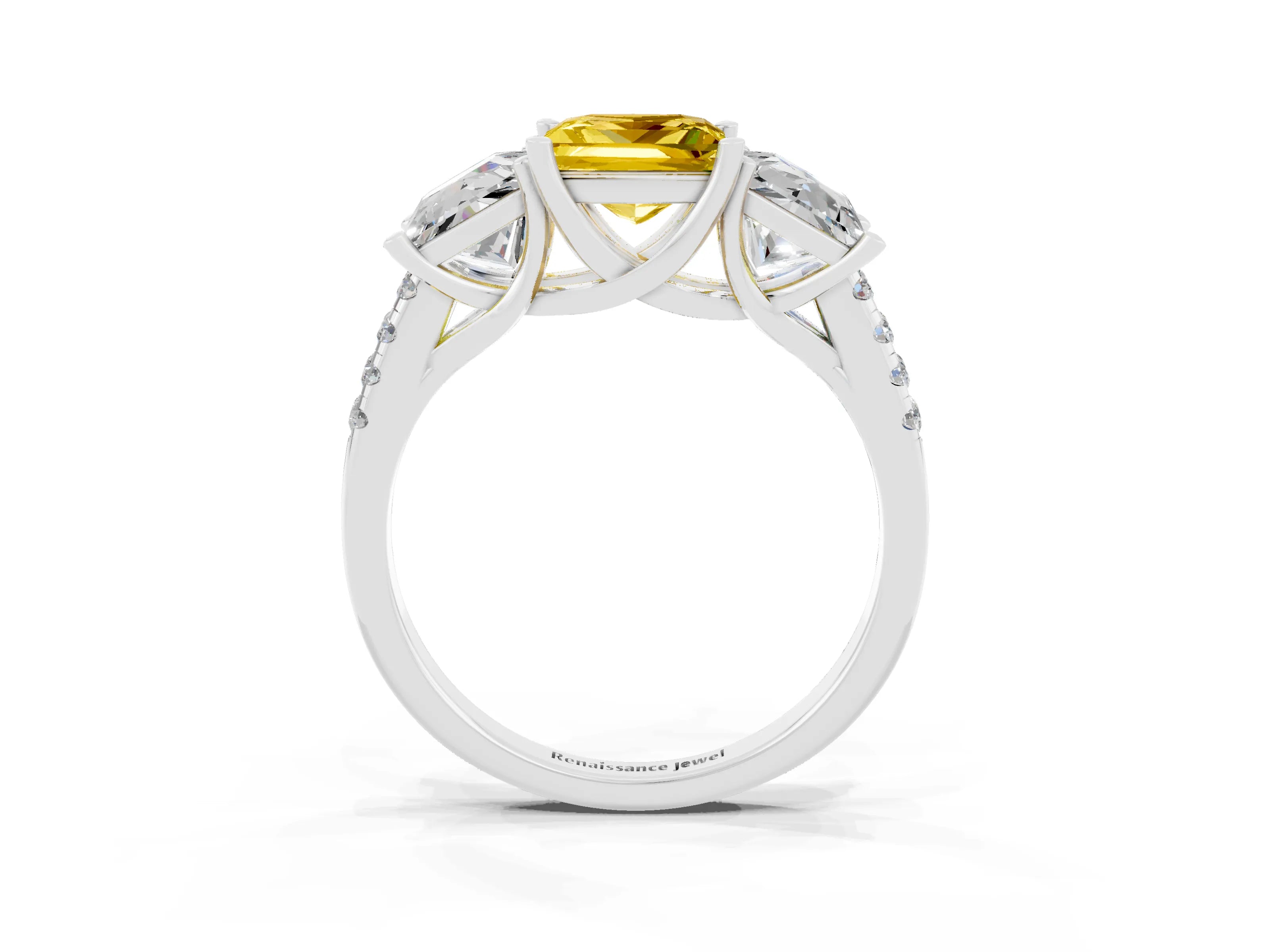White gold Three-Stone Princess Cut Yellow Sapphire Ring with Round  Pavé Band and Prong Setting_72