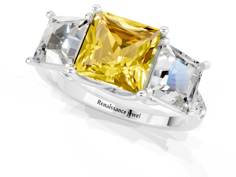 White gold Three-Stone Princess Cut Yellow Sapphire Ring with Round  Pavé Band and Prong Setting_73