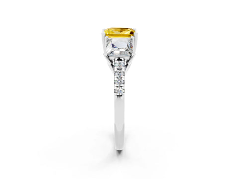 White gold Three-Stone Princess Cut Yellow Sapphire Ring with Round  Pavé Band and Prong Setting_74