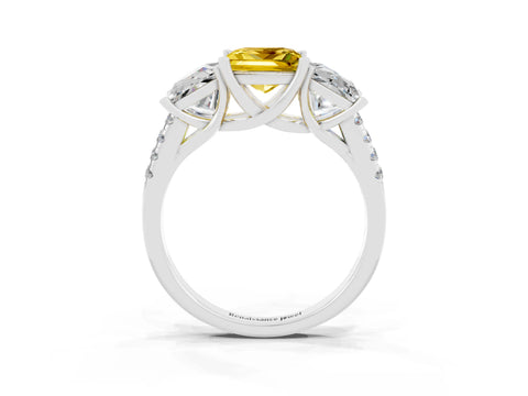 White gold Three-Stone Princess Cut Yellow Sapphire Ring with Round  Pavé Band and Prong Setting_75