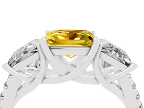 White gold Three-Stone Princess Cut Yellow Sapphire Ring with Round  Pavé Band and Prong Setting_76