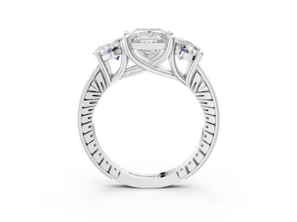 White Gold Princess Cut Three-Stone Vintage Engagement Ring Setting with Milgrain Pave Band