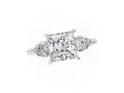 White gold Three-Stone Princess Diamond Ring with Pear Side Stones in Four-Prong Setting_44