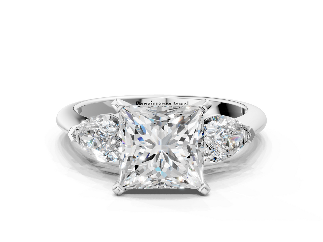 White gold Three-Stone Princess Diamond Ring with Pear Side Stones in Four-Prong Setting_77