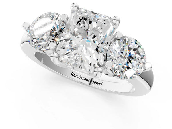 White Gold Radiant Cut Three Stone Engagement Ring Setting with Open Prong Baskets