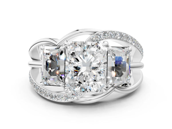 White Gold Radiant Cut Three Stone Engagement Ring Setting with Matching Sides and Pave Split Shank