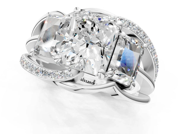 White Gold Radiant Cut Three Stone Engagement Ring Setting with Matching Sides and Pave Split Shank