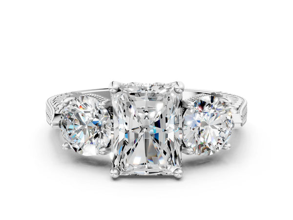 Sterling Silver Round Vintage Three Stone Engagement Ring Setting