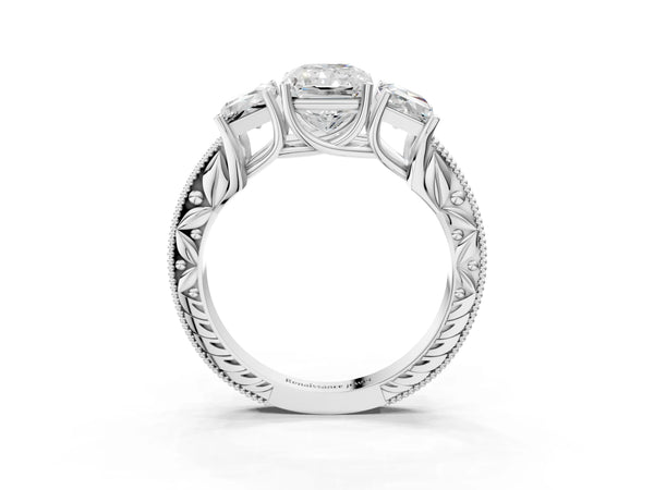 White Gold Radiant Cut Vintage Three Stone Engagement Ring Setting with Milgrain Pave Band