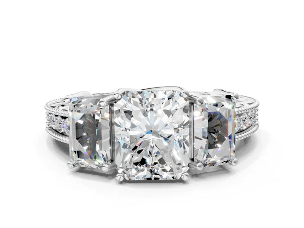 White Gold Radiant Cut Vintage Three Stone Engagement Ring Setting with Milgrain Pave Band