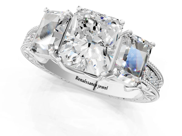 White Gold Radiant Cut Vintage Three Stone Engagement Ring Setting with Milgrain Pave Band