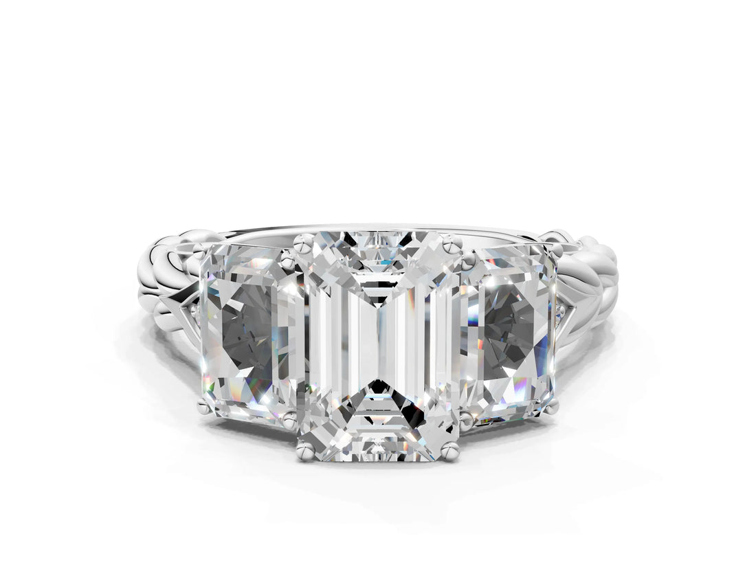 White gold Three-Stone Radiant Cut Diamond Braided Band Ring with Four-Prong Setting_138
