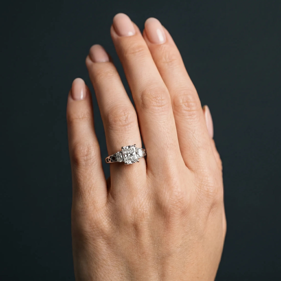 White gold Three-Stone Radiant Cut Diamond Cathedral Engagement Ring with Prong Setting_6