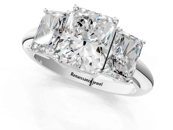 White gold Three-Stone Radiant Cut Diamond Engagement Ring with Prong Setting on a White Gold Band