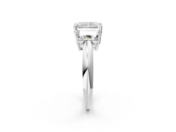 White gold Three-Stone Radiant Cut Diamond Engagement Ring with Prong Setting on a White Gold Band