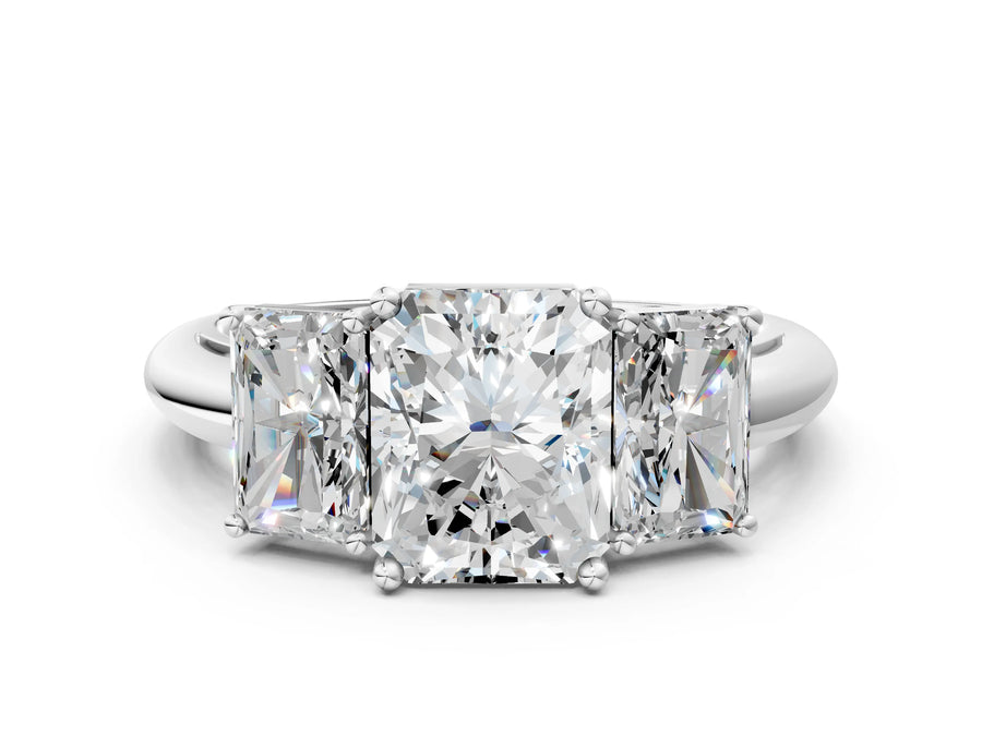 White gold Three-Stone Radiant Cut Diamond Engagement Ring with Prong Setting on a White Gold Band