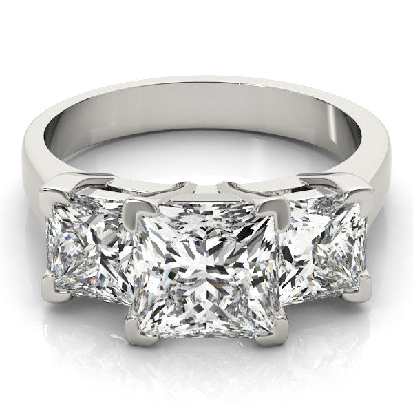 White gold Three-Stone Radiant Cut Diamond Ring with Channel Set Band and Four-Prong Setting 2
