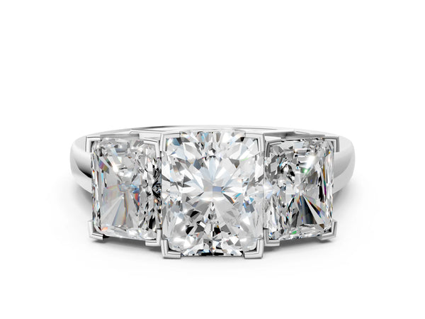 White gold Three-Stone Radiant Cut Diamond Ring with Channel Set Band and Four-Prong Setting