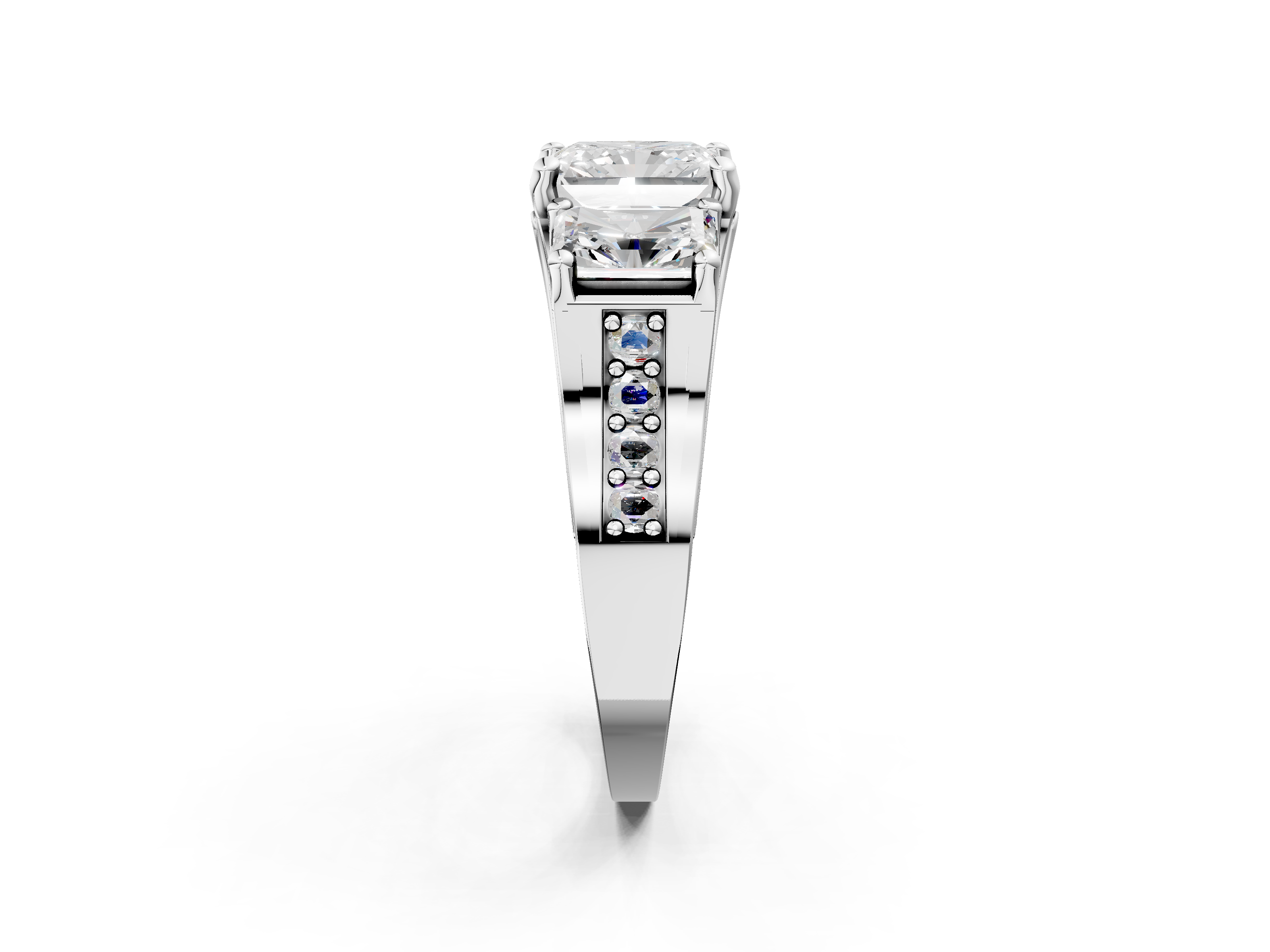 White gold Three-Stone Radiant Cut Diamond Ring with Channel-Set Band and Four-Prong Setting_46