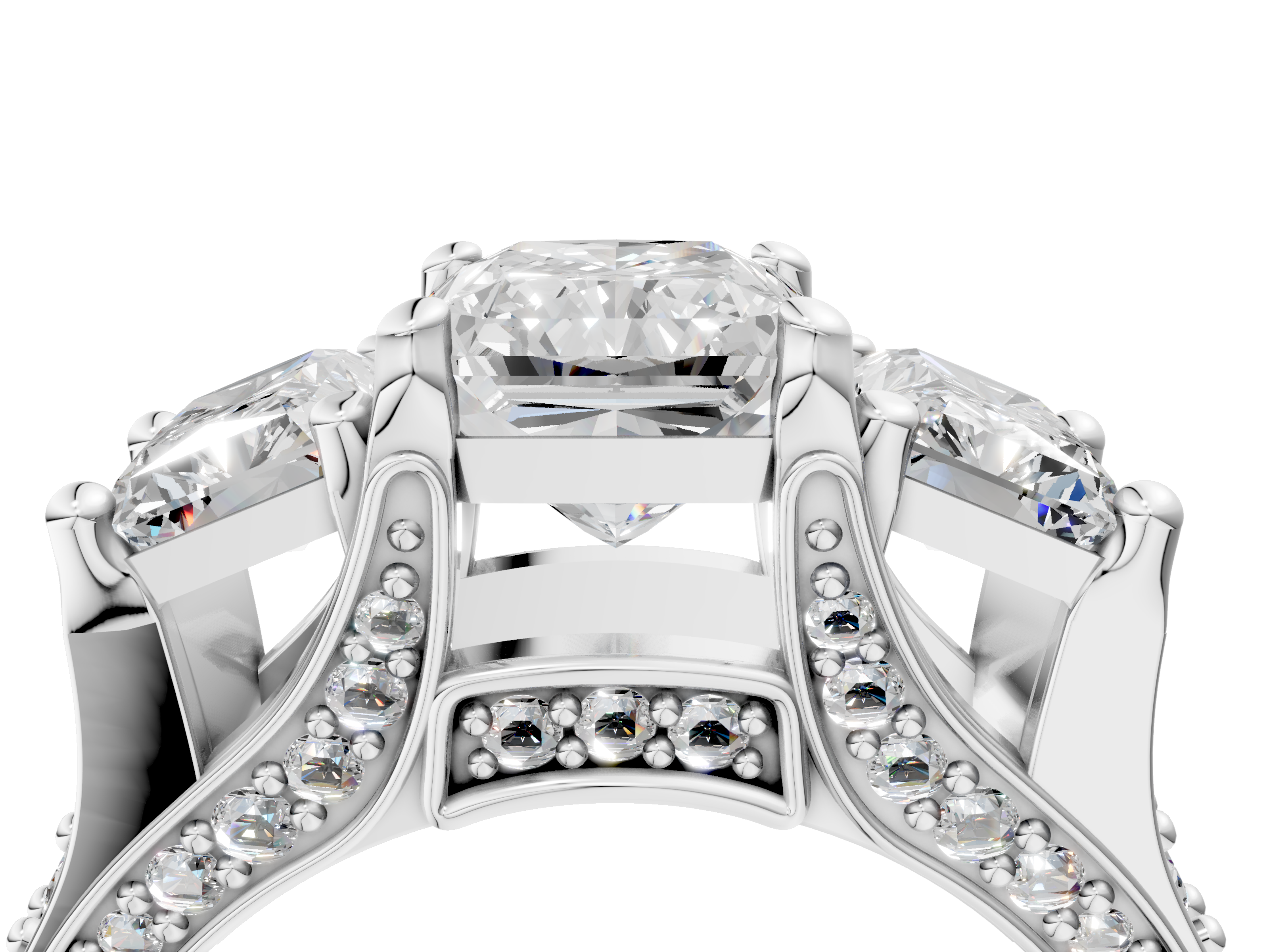 White gold Three-Stone Radiant Cut Diamond Ring with Channel-Set Band and Four-Prong Setting_48
