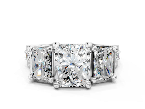 Sterling Silver Radiant Cut Three Stone Pave Engagement Ring Setting with Near-Equal Side Stones