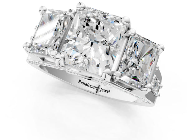 Sterling Silver Radiant Cut Three Stone Pave Engagement Ring Setting with Near-Equal Side Stones