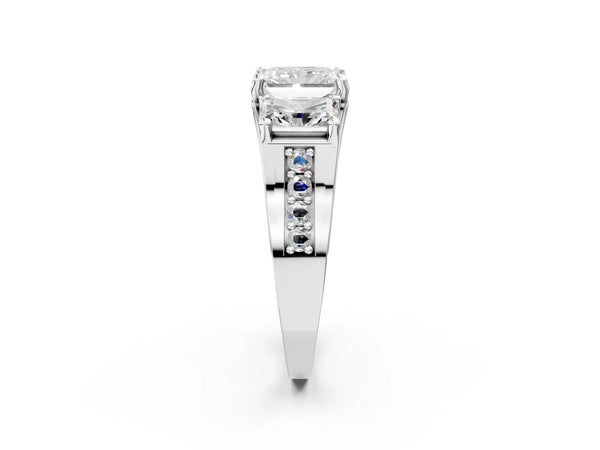 White Gold Radiant Cut Three Stone Pave Engagement Ring Setting with Near-Equal Side Stones