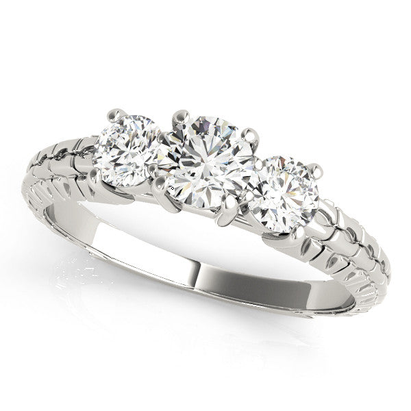 White gold Three-Stone Radiant Cut Diamond Ring with Channel-Set Band and Prong Setting 1