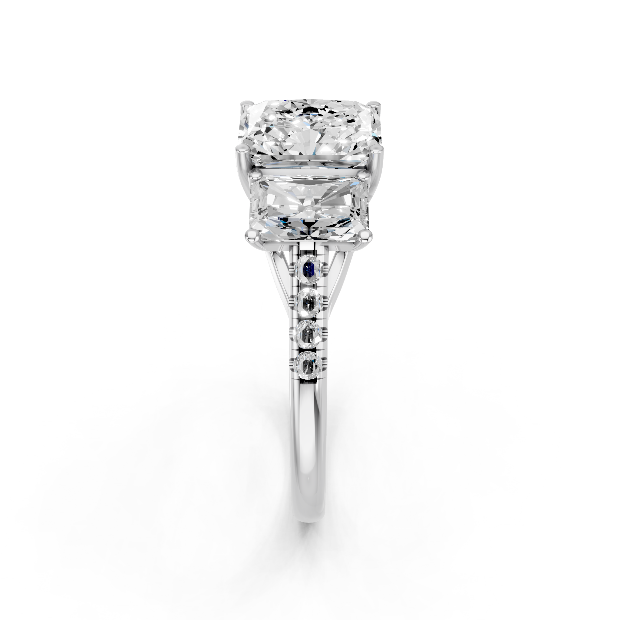 White gold Three-Stone Radiant Cut Diamond Ring with Pavé Band and Prong Setting_12