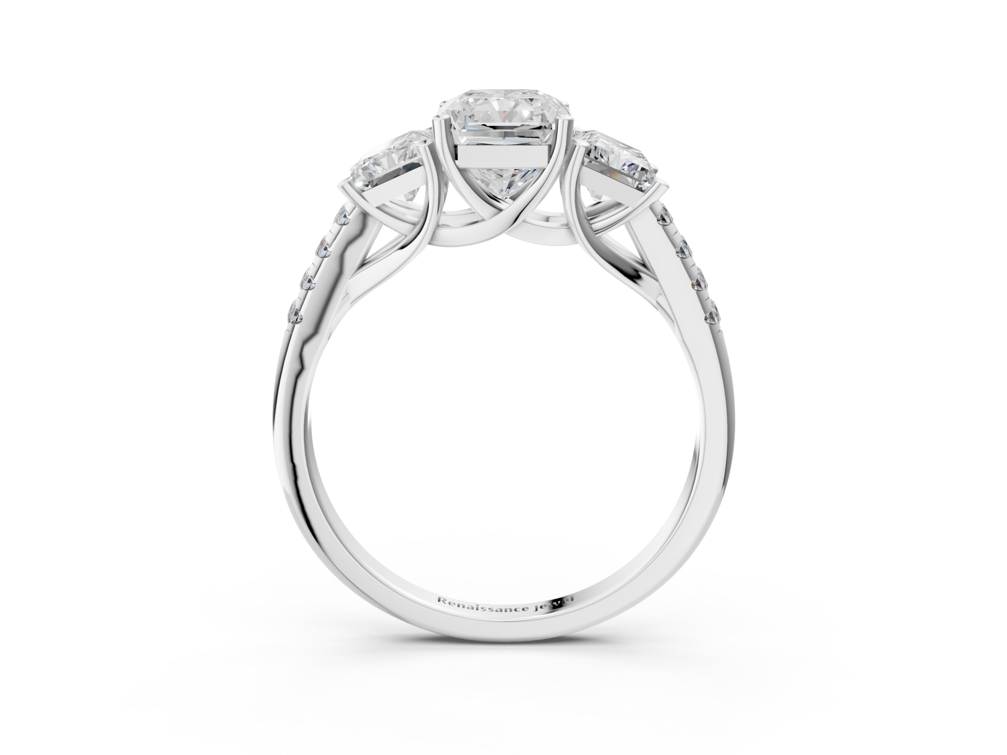 White gold Three-Stone Radiant Cut Diamond Ring with Pavé Band and Prong Setting_31