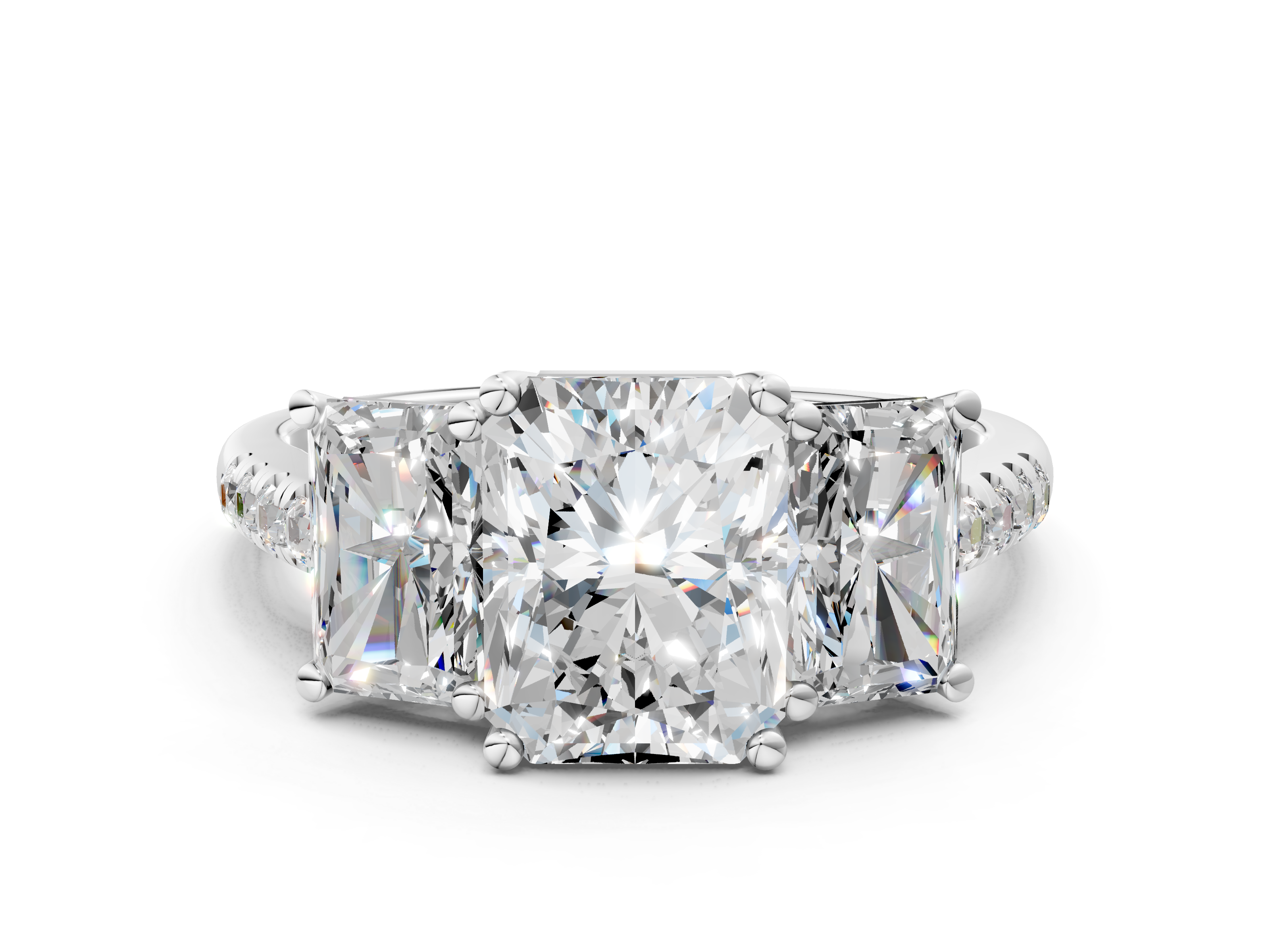 White gold Three-Stone Radiant Cut Diamond Ring with Pavé Band and Prong Setting_32