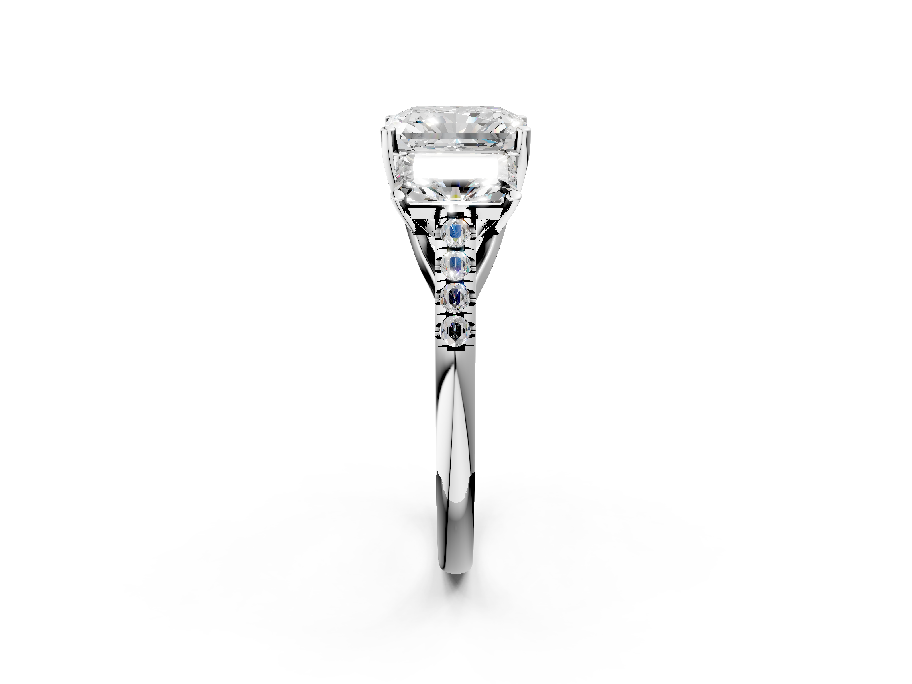 White gold Three-Stone Radiant Cut Diamond Ring with Pavé Band and Prong Setting_34