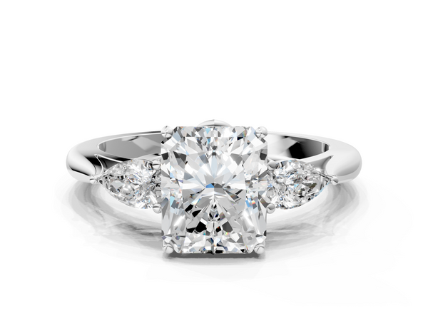 White gold Three-Stone Radiant Cut Diamond Ring with Pear Side Stones in Four-Prong Setting