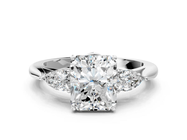 White gold Three-Stone Radiant Cut Diamond Ring with Pear  Side Stones in Four-Prong Setting