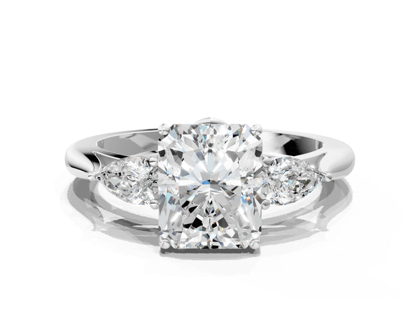 White gold Three-Stone Radiant Cut Diamond Ring with Pear  Side Stones in Four-Prong Setting