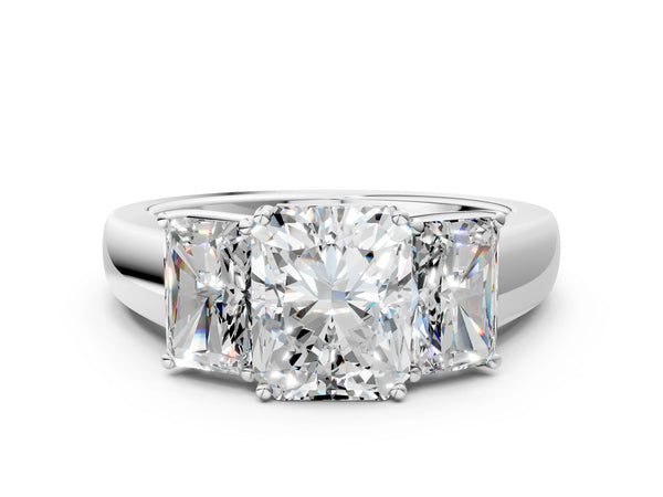 White gold Three-Stone Radiant Cut Diamond Ring with Prong Setting and Classic Band