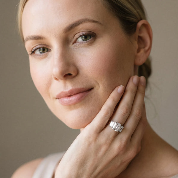 Platinum Radiant Cut Three Stone Engagement Ring Setting with Touching Matching Side Stones