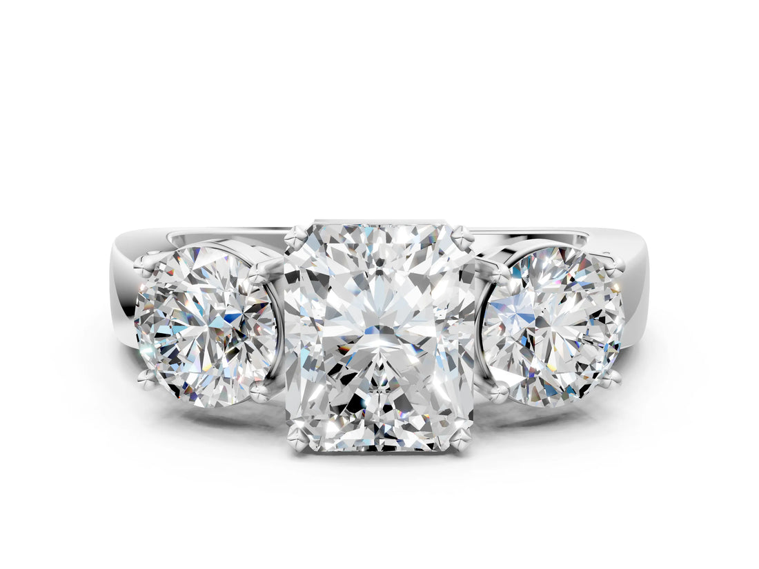 White gold Three-Stone Radiant Cut Diamond Ring with Round Side Stones, Classic Band, and Four-Prong Setting_7