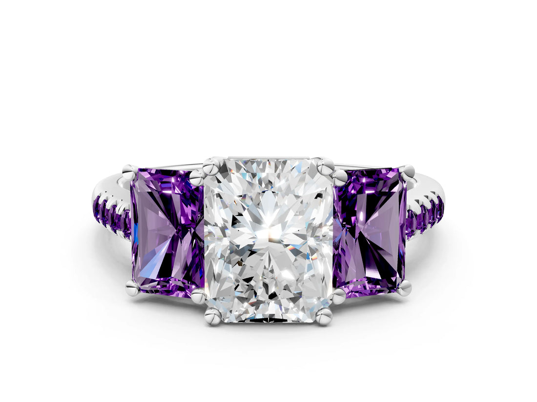 White gold Three-Stone Radiant Cut Diamond Ring with Round with Amethyst side stone Pavé Band and Prong Setting_12