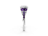White gold Three-Stone Radiant Cut Diamond Ring with Round with Amethyst side stone Pavé Band and Prong Setting_14