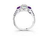 White gold Three-Stone Radiant Cut Diamond Ring with Round with Amethyst side stone Pavé Band and Prong Setting_15