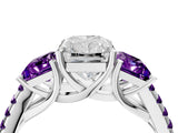 White gold Three-Stone Radiant Cut Diamond Ring with Round with Amethyst side stone Pavé Band and Prong Setting_16
