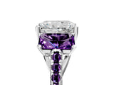 White gold Three-Stone Radiant Cut Diamond Ring with Round with Amethyst side stone Pavé Band and Prong Setting_17